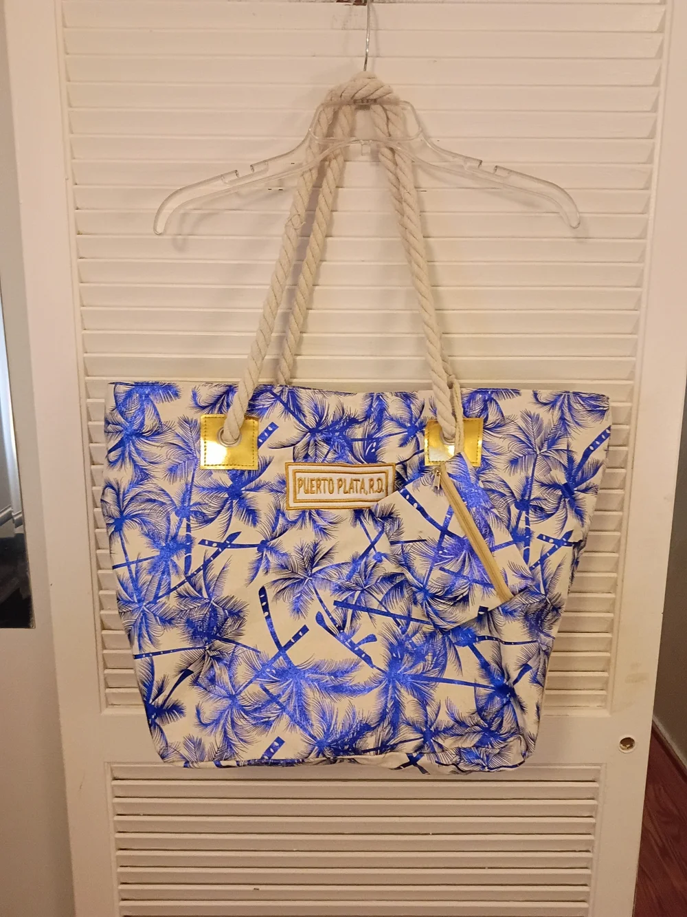 Puerto Plata Blue Palm-Print Beach Tote with Matching Pouch